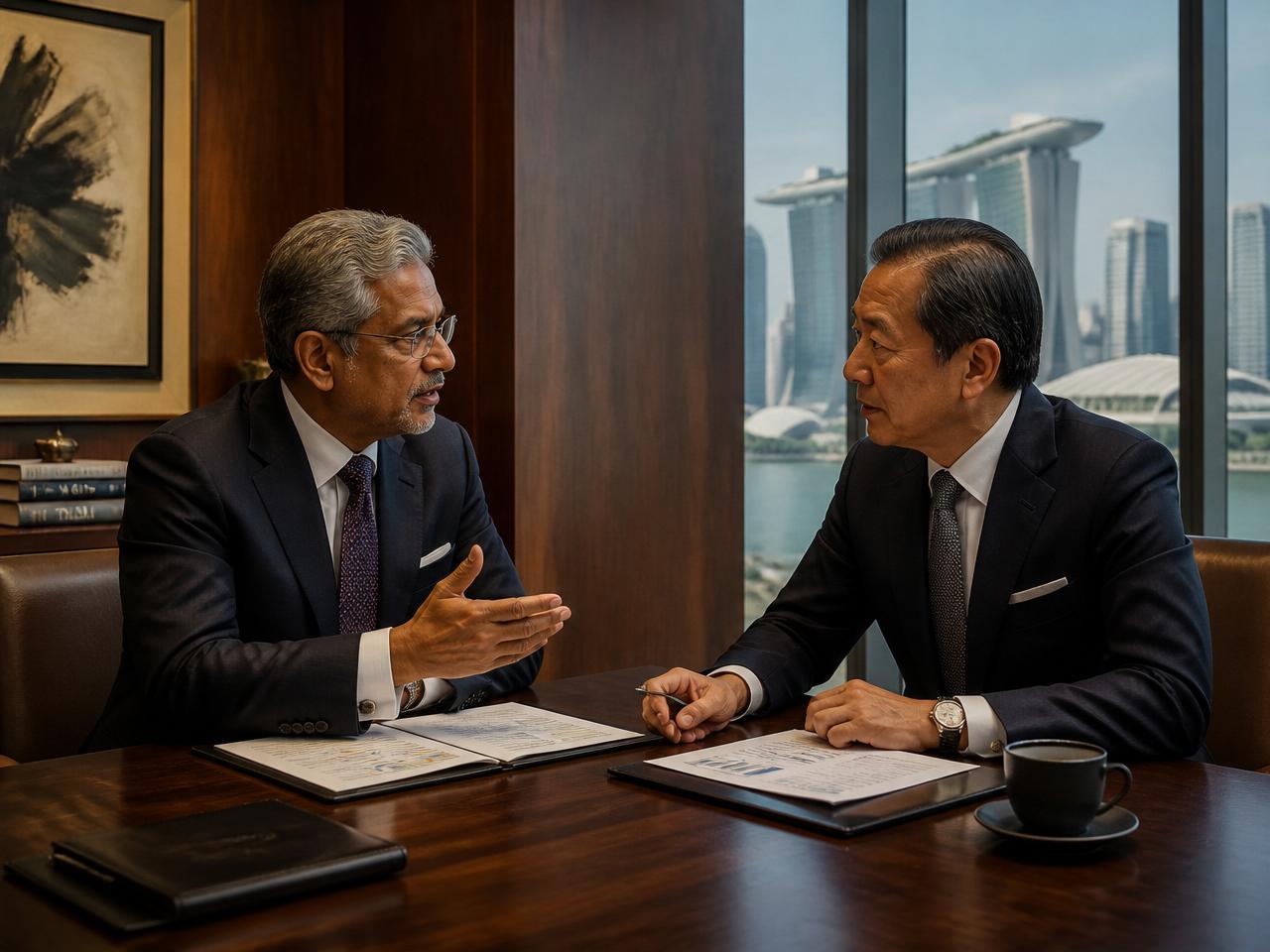 International advisory team in a Singapore boardroom with Marina Bay visible