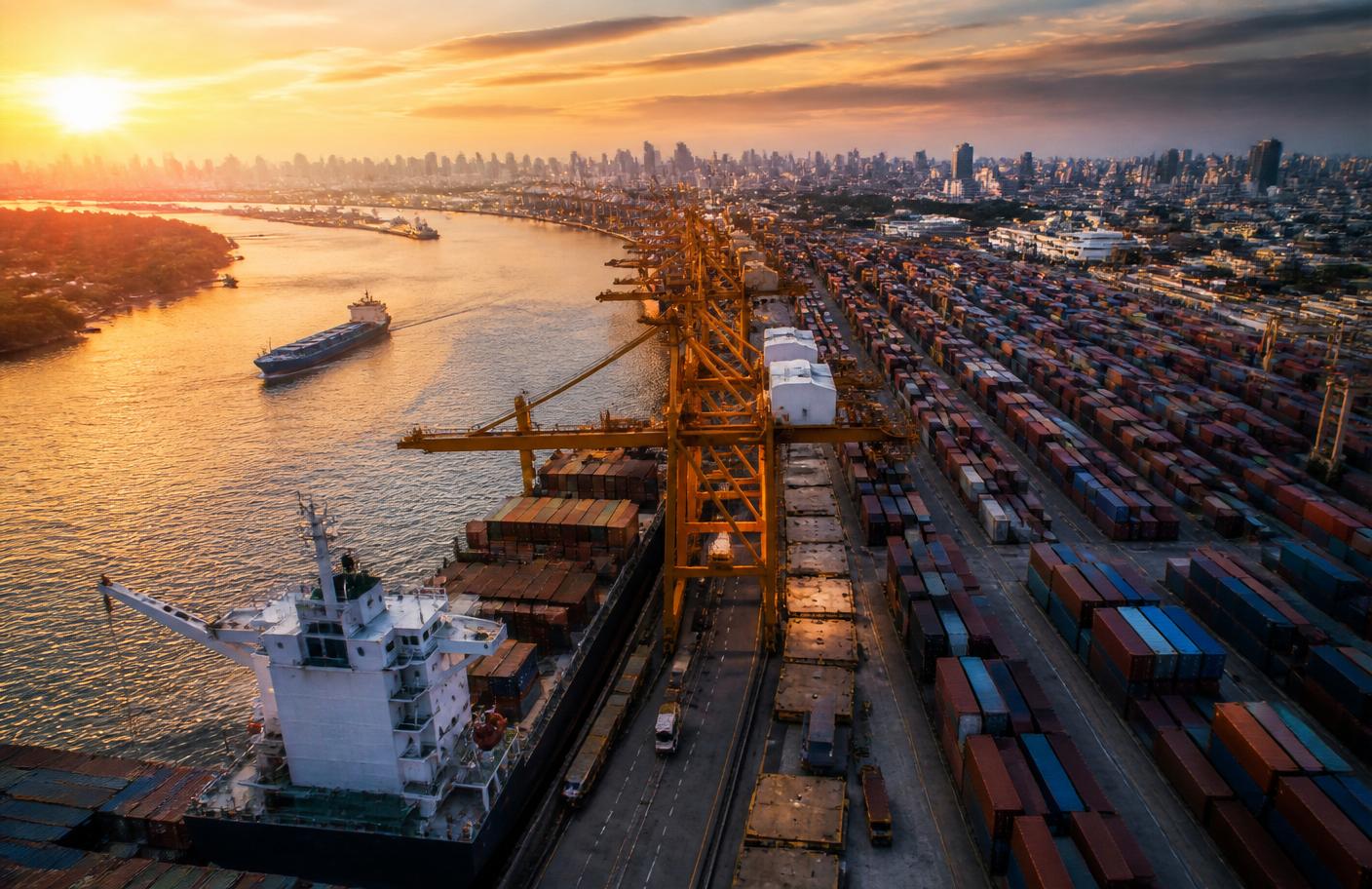Container terminal at golden hour