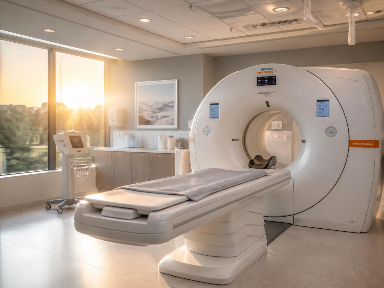 Modern hospital diagnostic imaging suite with CT scanner