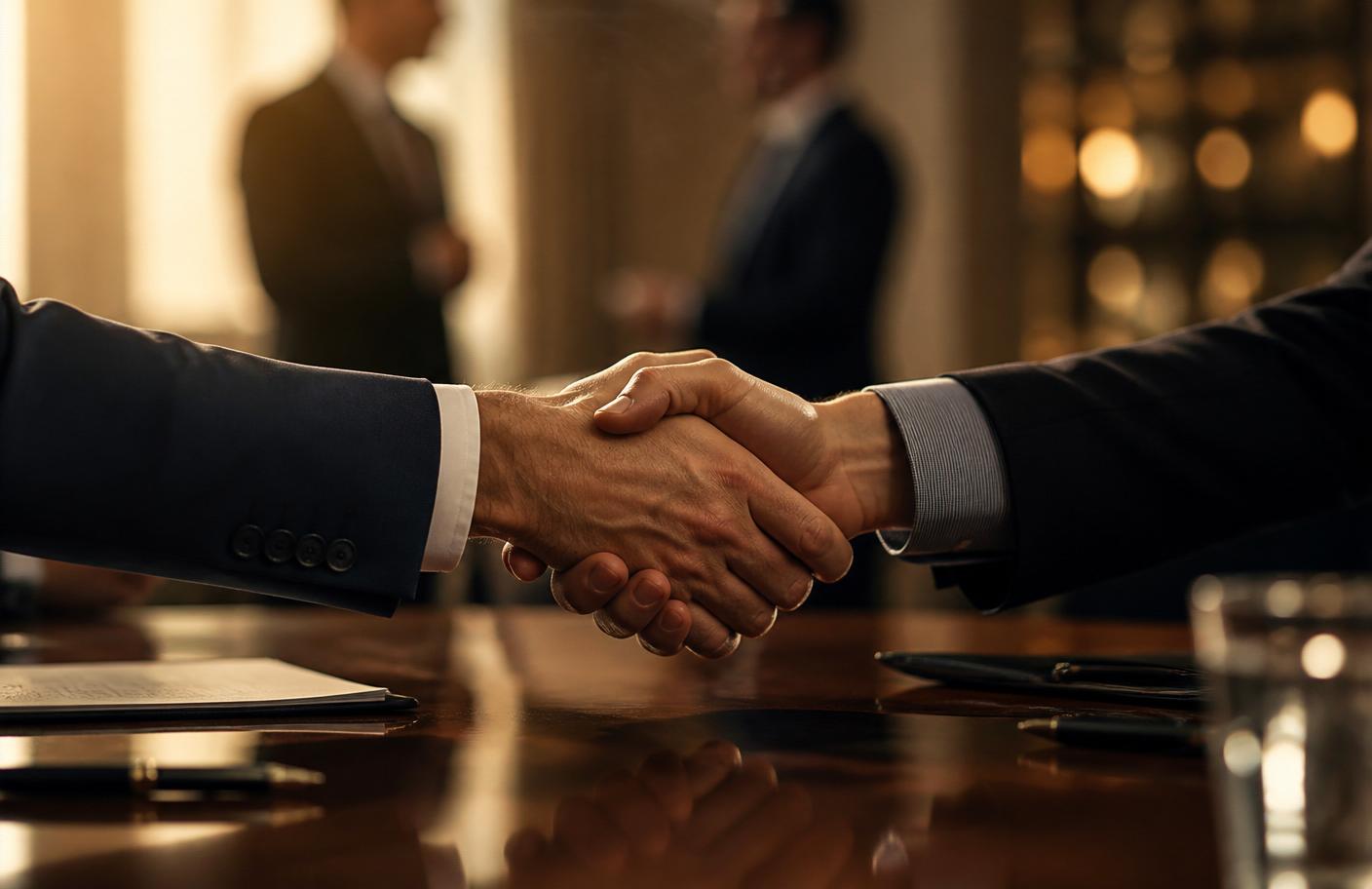 Two executives shaking hands over a boardroom table