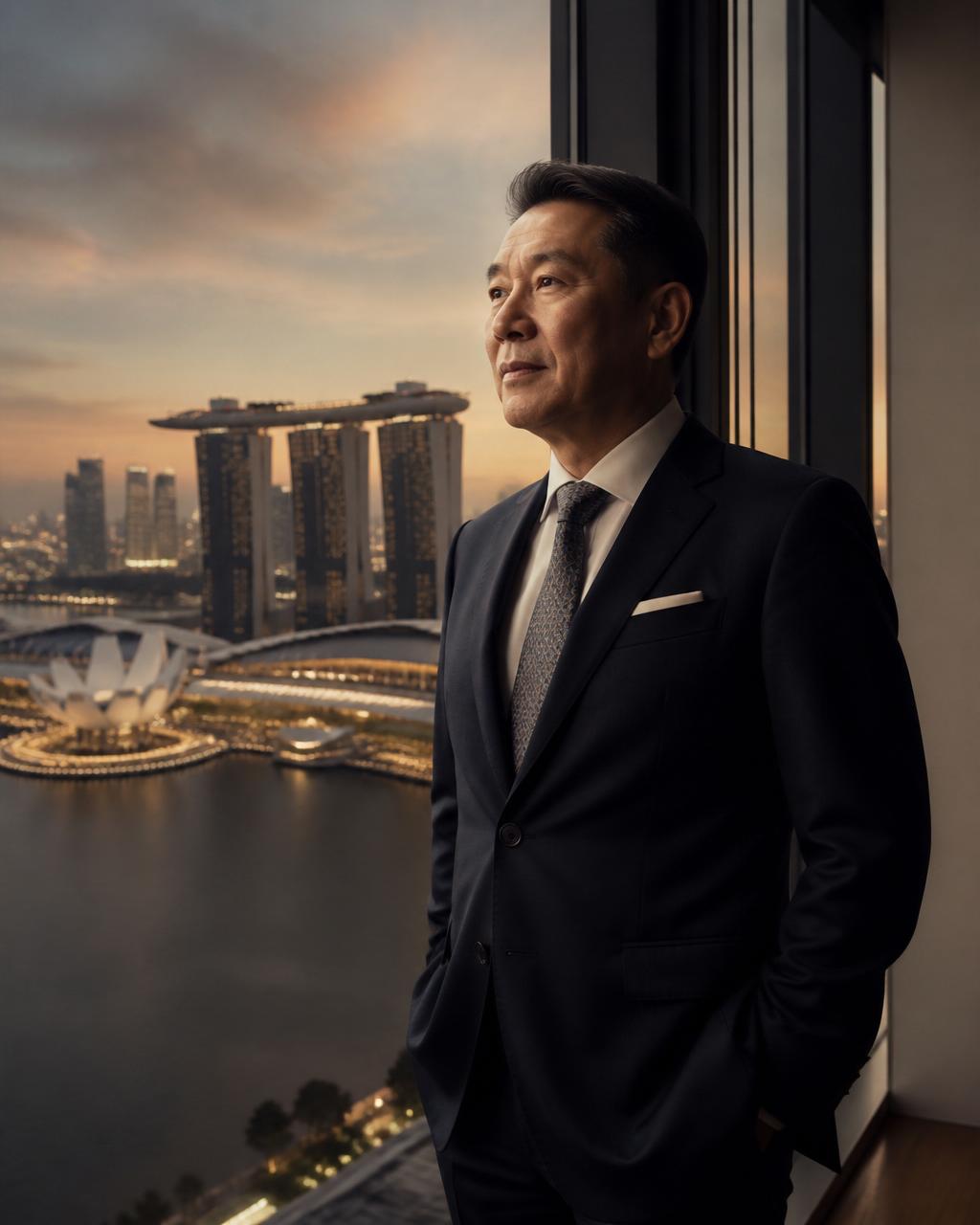 Principal of Absolute H, seated in a Singapore office at golden hour
