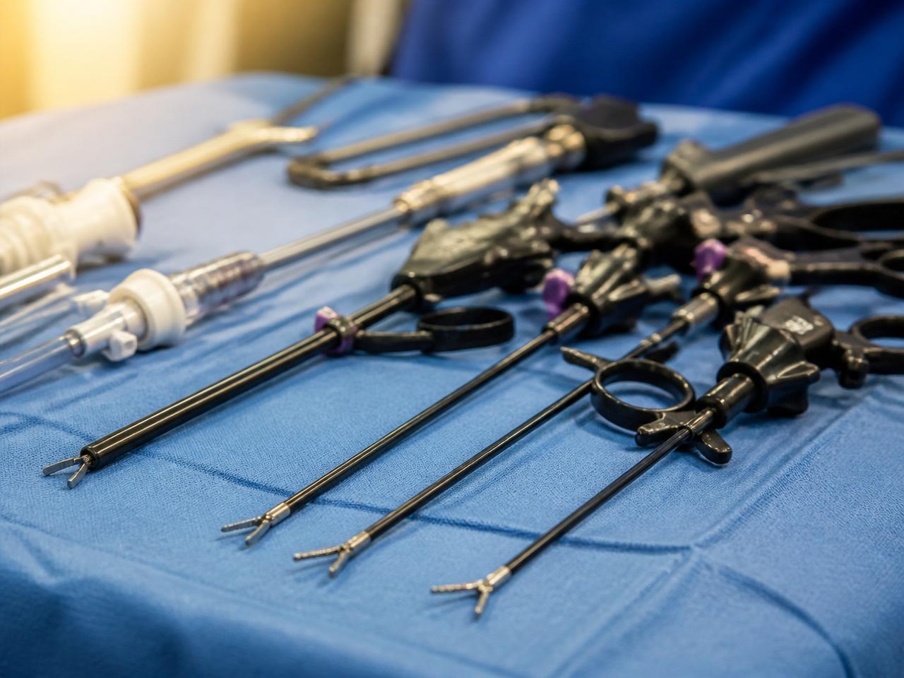 Laparoscopic surgical instruments on a sterile drape