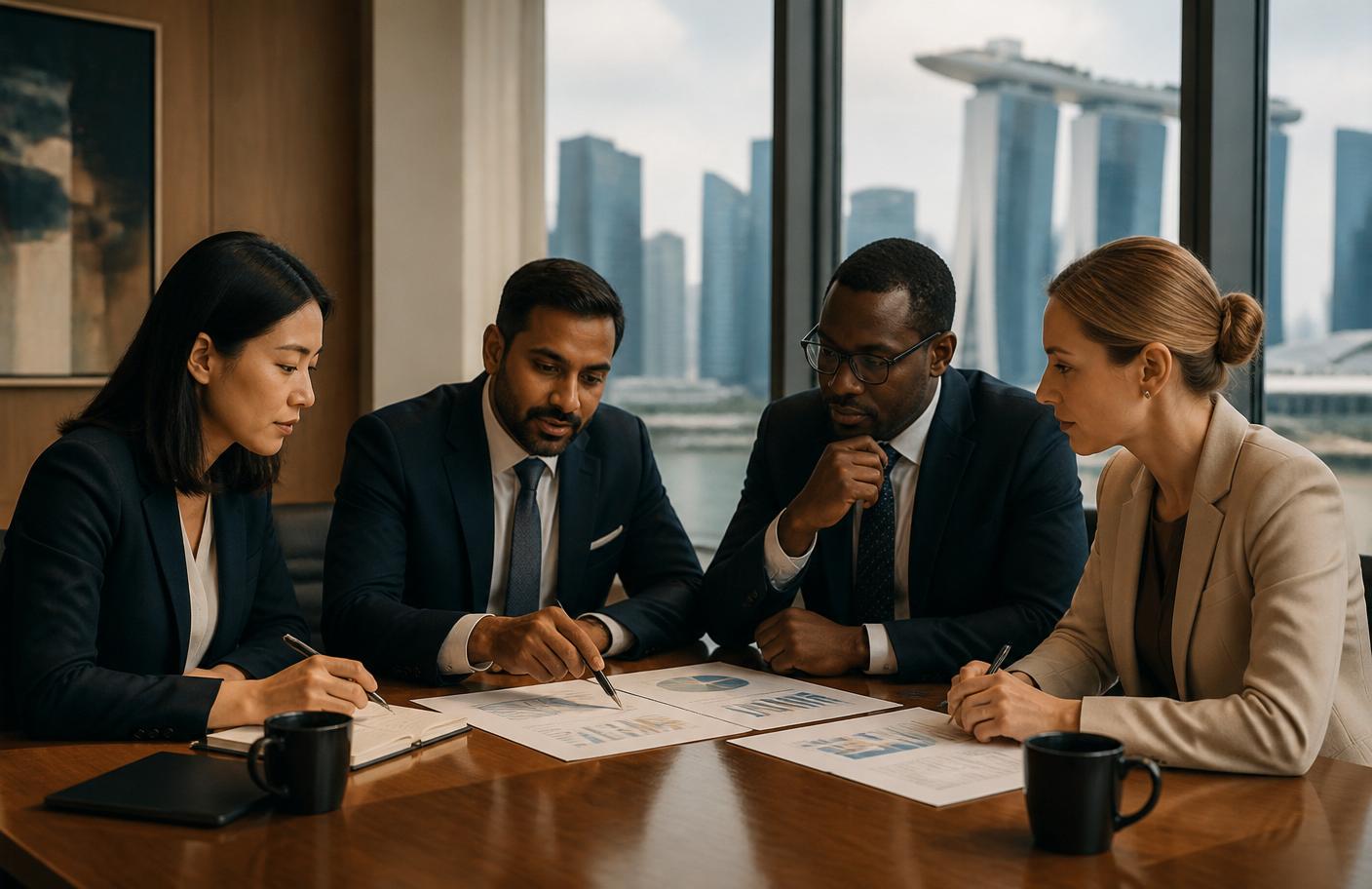Advisory team reviewing corridor strategy in a Singapore boardroom